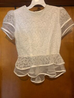 No Label Size L White Lace and Sheer Peplum Top